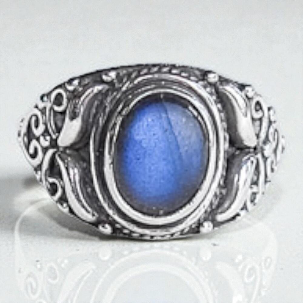 Sterling Silver 925 Labradorite Ring Iridescent Vintage Scrolled Size 5.5